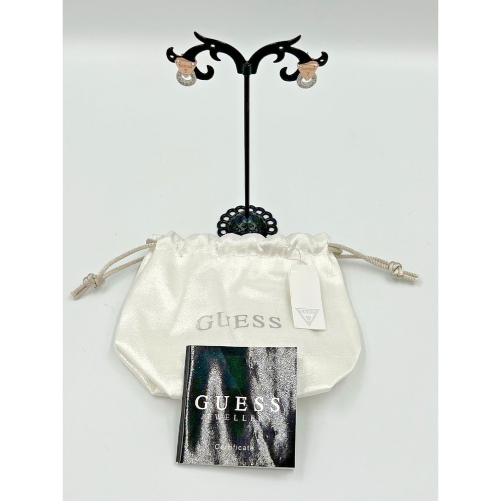 Guess Logo Earrings Rose Gold/Silver Tone w/CZ Stud earrings and Dust Bag - Picture 2 of 10